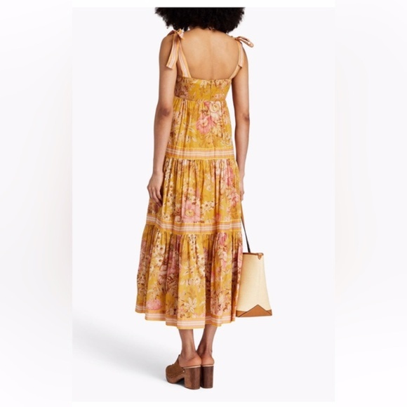 Zimmermann Pattie Mustard Floral Tie Strap Shoulder Tiered Midi Dress Size - Picture 2 of 9